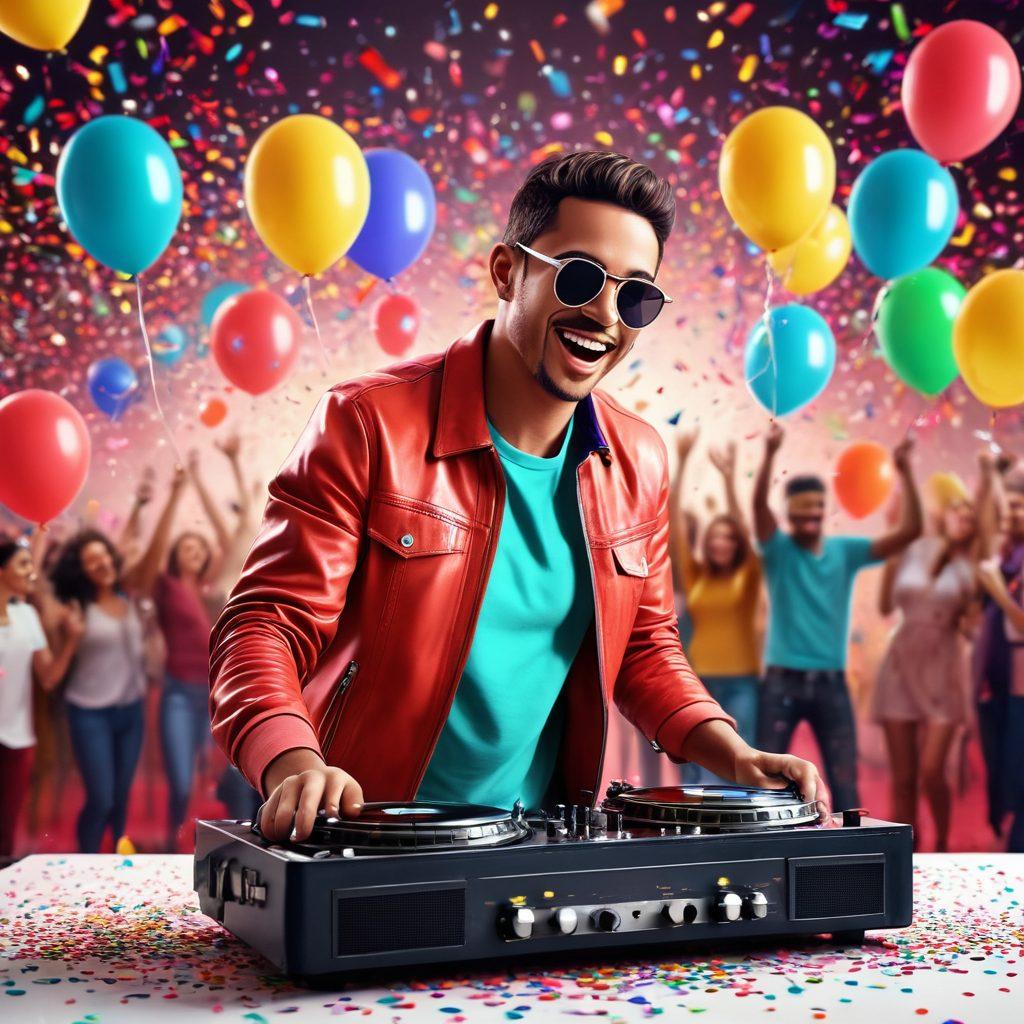 A vibrant party scene with diverse people joyfully dancing and celebrating, surrounded by colorful balloons and confetti. In the foreground, a DJ mixing music on a turntable, with musical notes flowing through the air. Soft lights creating a festive ambiance, showcasing the essence of joyful music and celebration. super-realistic. vibrant colors. 3D.