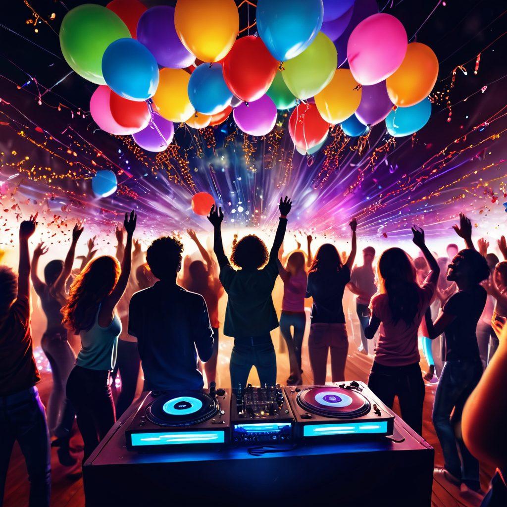 A vibrant scene of a lively party filled with dancing people, colorful balloons, and festive decorations. In the foreground, a DJ mixes bright vinyl records with musical notes swirling around in the air, radiating energy and joy. The background features fairy lights glittering, and silhouettes of friends dancing under a disco ball. The atmosphere expresses happiness and excitement, inviting viewers to join in. vibrant colors. super-realistic. festive atmosphere.