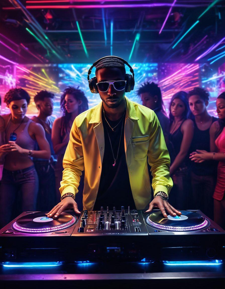 A dynamic DJ spinning vibrant records in a neon-lit club, surrounded by dancers with colorful lights reflecting off their faces, creating an electrifying atmosphere. Include music notes and sound waves emanating from the turntables, symbolizing the energy of the party. Capture the essence of transformation through visuals of engaging events and a diverse crowd enjoying the music. super-realistic. vibrant colors. 3D.